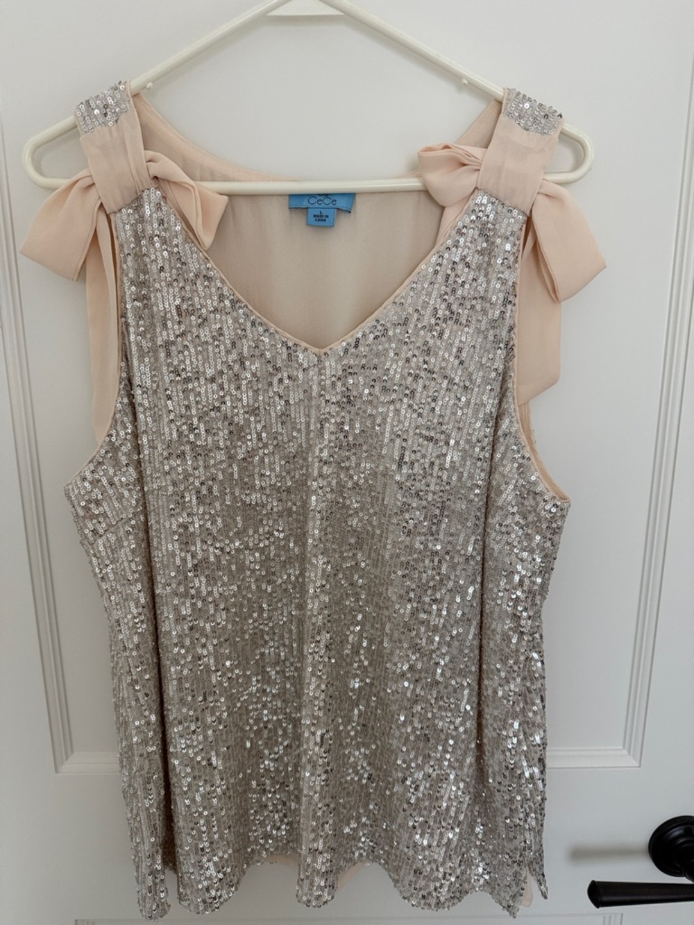 CeCe Silver Sequin Tank with Cream Bow Straps